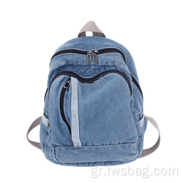 Προσαρμοσμένο φερμουάρ κομψό vintage denim backpack non fade πλυμένο denim school τσάντα αδιάβροχο σακίδιο αποδοχή λογότυπο εκτύπωσης